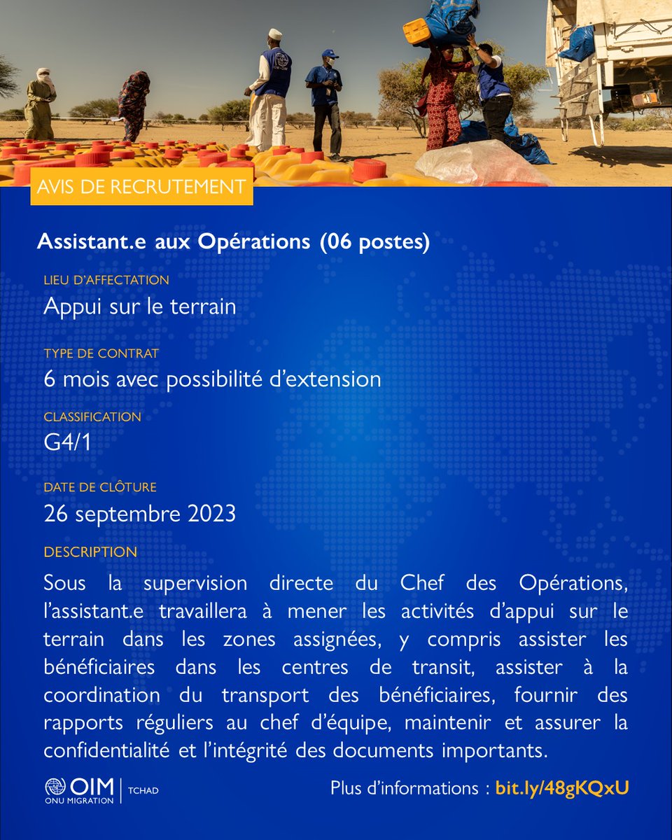 OIMTchad's tweet photo. Êtes-vous intéressé des questions migratoires et vous souhaitez renforcer votre expérience à l'OIM ? Alors cette annonce est pour vous!

Nous recrutons pour le profil ci-dessous :
   ☑️Assistant.e aux Opérations (06 positions)

Plus de détails : https://t.co/HVk81PPJt1 https://t.co/92GNpsV7Mr