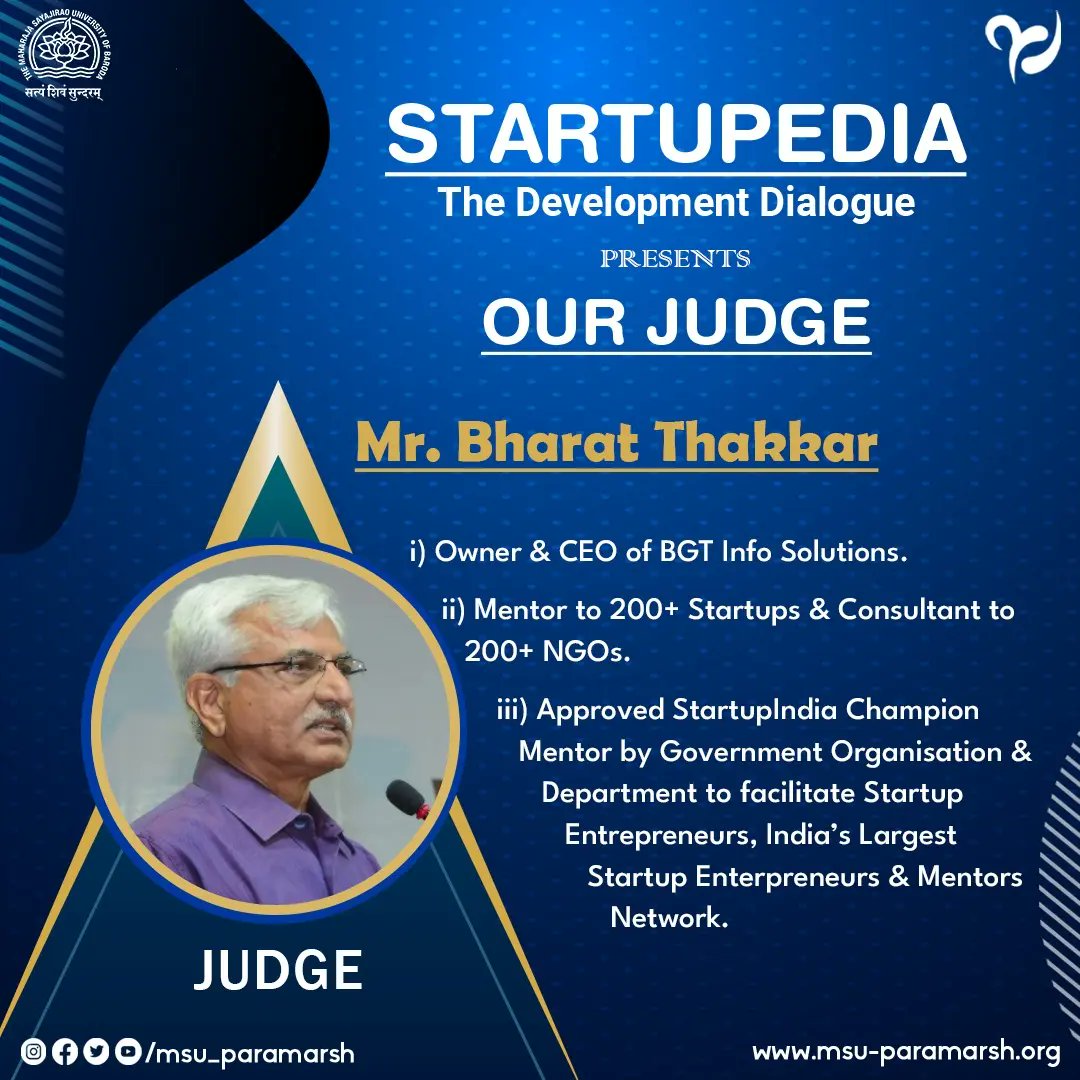 Presenting to you all the dignified jury members of pitching competition under the banner of Startupedia - The Development Dialogue. Ms. Purvi Bhavsar, Mr. Jimish Kapadiya, Mr. Abhilash Sonwane as investors, Mr. Bharat Thakkar as the Judge.

#Startupedia
#Paramarsh23