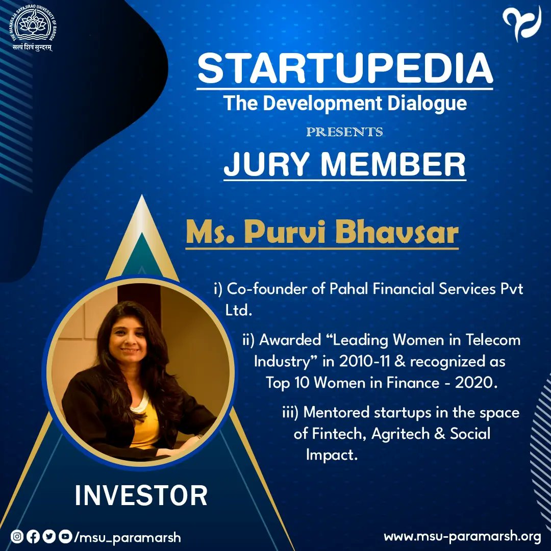 MSU_Paramarsh's tweet photo. Presenting to you all the dignified jury members of pitching competition under the banner of Startupedia - The Development Dialogue. Ms. Purvi Bhavsar, Mr. Jimish Kapadiya, Mr. Abhilash Sonwane as investors, Mr. Bharat Thakkar as the Judge.

#Startupedia
#Paramarsh23 https://t.co/adKMeJ0hkG