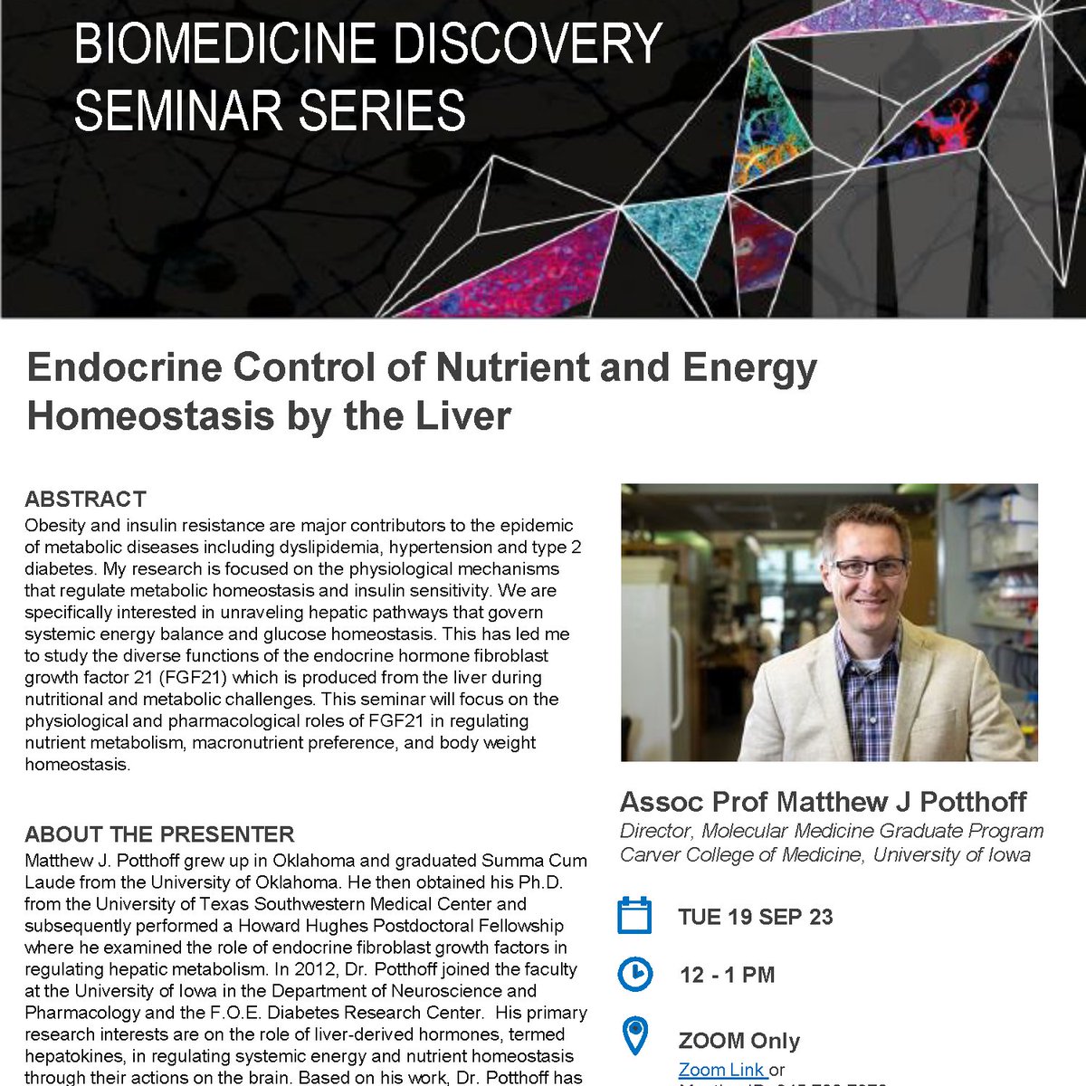 Do join us on Zoom next Tuesday for what is sure to be an excellent seminar by Prof. Matthew Potthoff @potthofflab of @uiowa on 'Endocrine Control of Nutrient and Energy Homeostasis by the Liver'. See: bit.ly/3uCUMgc