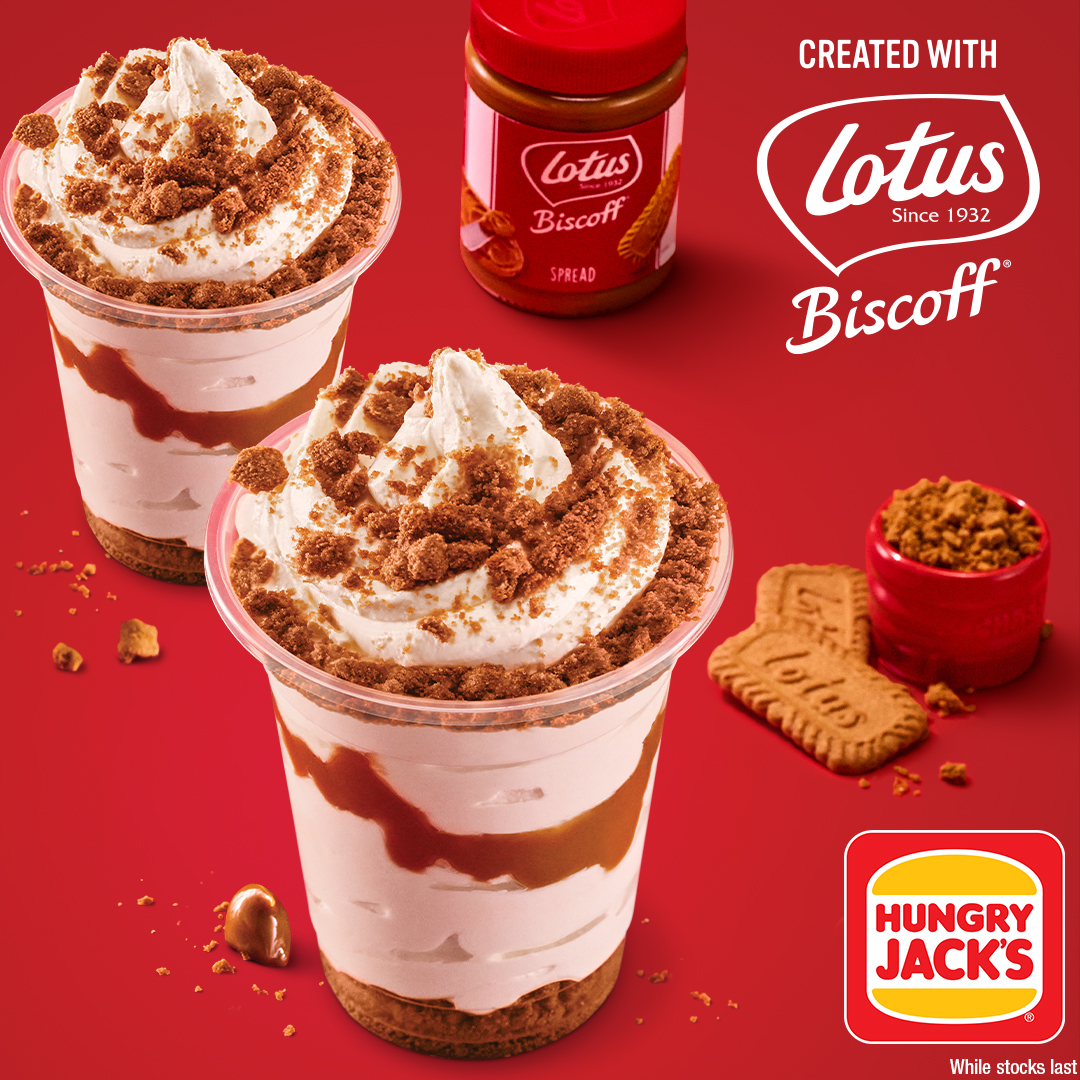 Indulge in the unique taste of crumbled Biscoff® biscuits and Biscoff® topping on a creamy vanilla Hungry Jack's soft serve... Our NEW Biscoff® Storm is too irresistible to miss! Only at Hungry Jack's while stocks last. 🤤#Biscoff #Biscoffcrumble #Biscoffspread