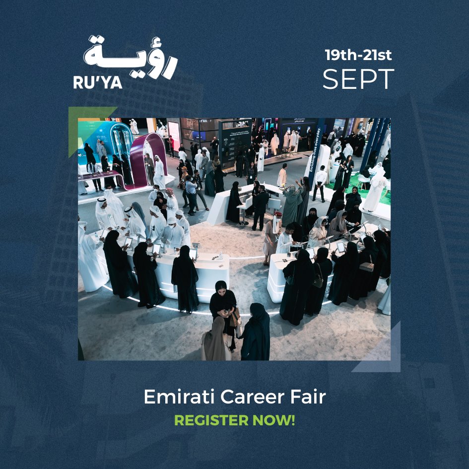 MarkWilliamsME's tweet photo. Join us at the Ru'ya Career Fair, from 19th-21st Sept 2023, at DWTC! Connect with 100+ top companies, explore job opportunities, and elevate your career. Exclusively for UAE Nationals. Register now! 

https://t.co/x0QdaJAU4o.

#Emiratisation #Emirati #CareerFair #Dubaievents https://t.co/QMmy5hKGVV