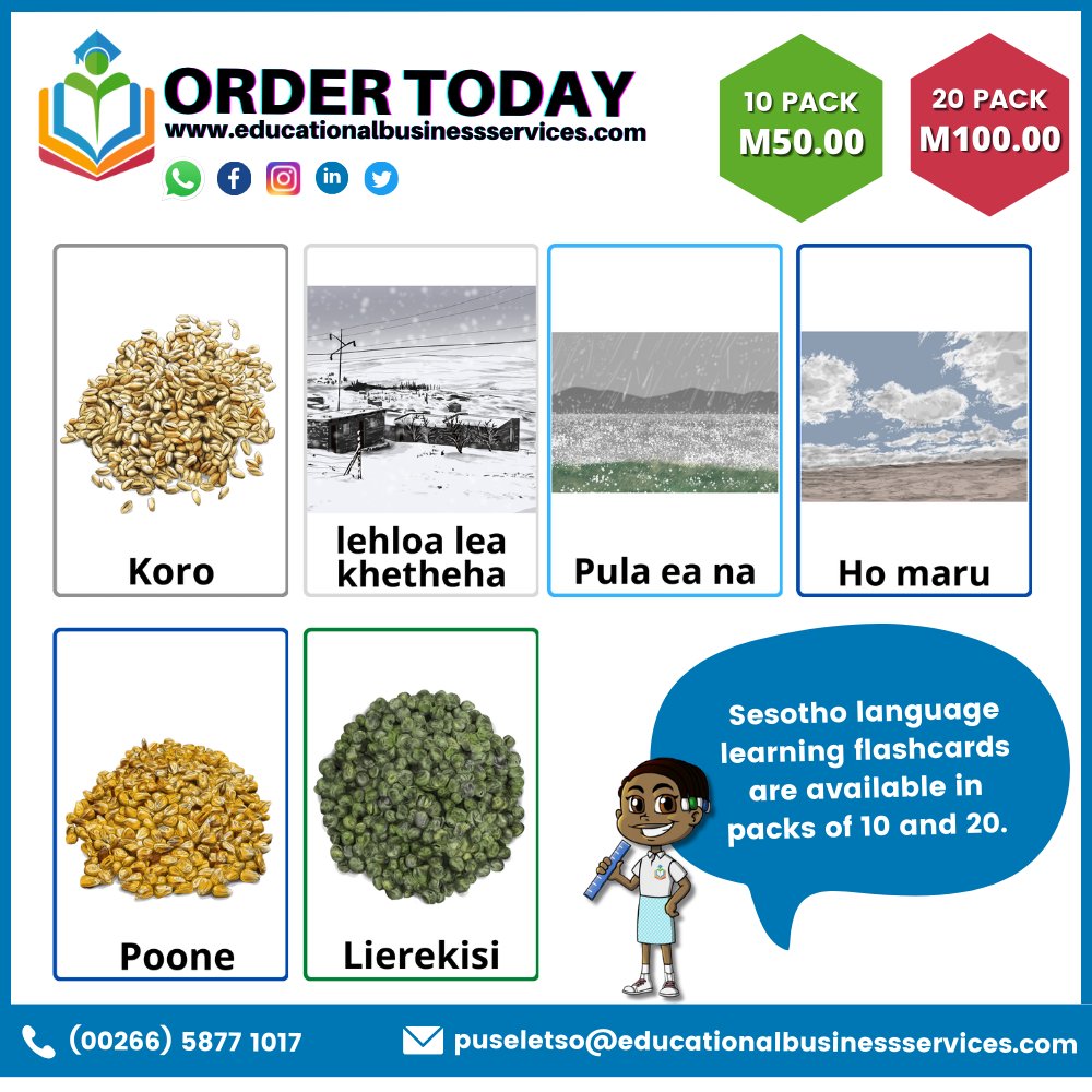Our Sesotho language learning flashcards give your child a fun and visual way to learn and recall information from pictures very quickly.

📲+26658771017  
📩 puseletso@educationalbusinessservices.com

educationalbusinessservices.com

#LearnSesotho #Sesotho #LsTwitter #Languages