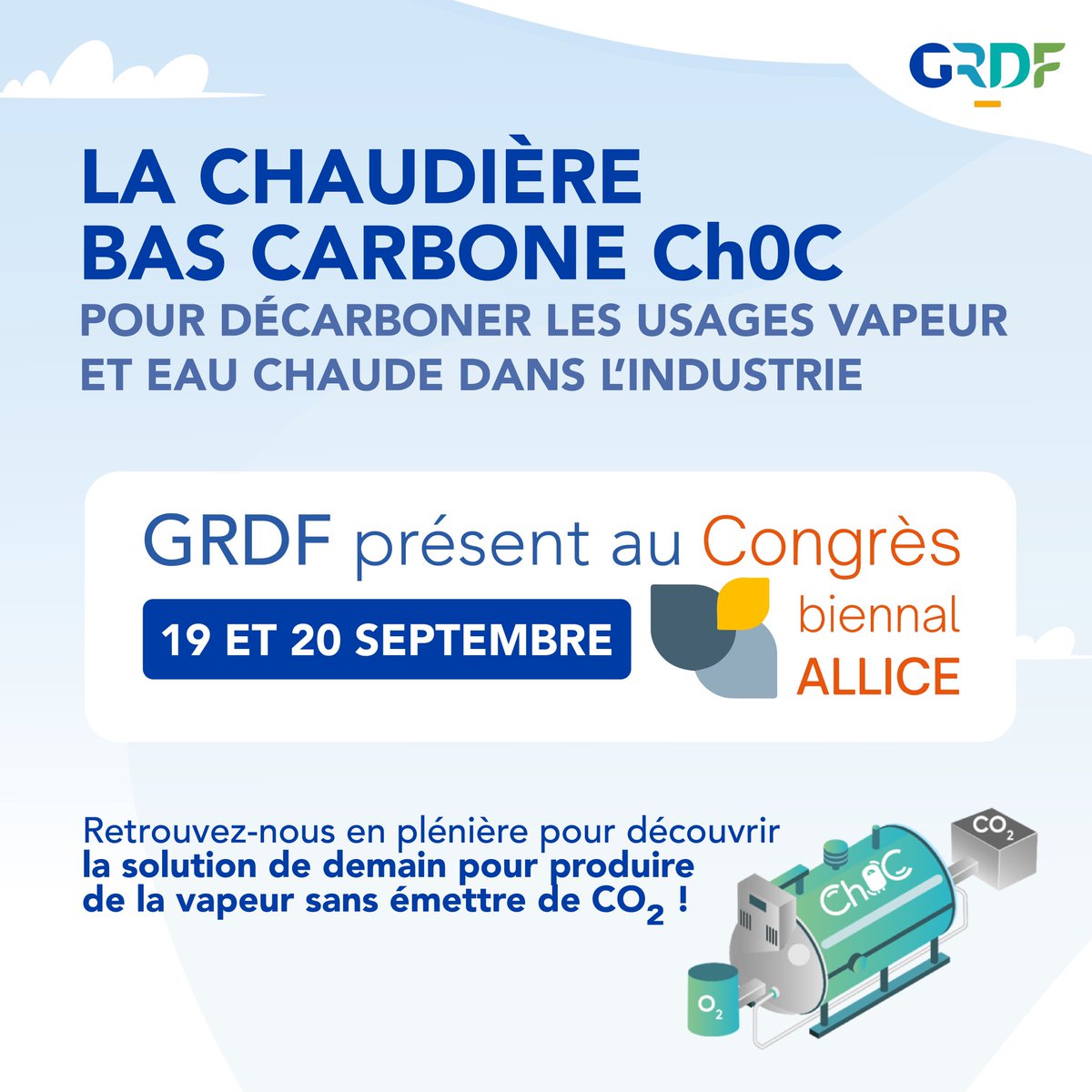 Rejoignez #GRDF en plénière le 19/09 au Congrès Biennal ALLICE pour découvrir une #innovation majeure qui permettra à la fois de réduire et capter les émissions de CO2 : La #chaudière gaz industrielle bas-carbone.
Inscription ➡️ cutt.ly/gwxtbA8r
#Ch0C #JeDécarbone #Énergie