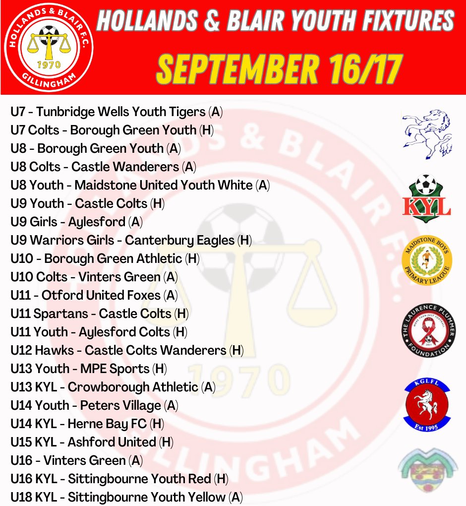 handbfcyouth's tweet photo. All 22 of our @hollandsblairfc youth sides are in action this weekend across @KentYouthLeague @PrimaryLge @InvictaLge @KGLFL and the Maidstone Minor League. Good luck to all our boys and girls 🔴⚪️🔵🟡⚽️⚽️⚽️⚽️ https://t.co/b0A0PffQQS