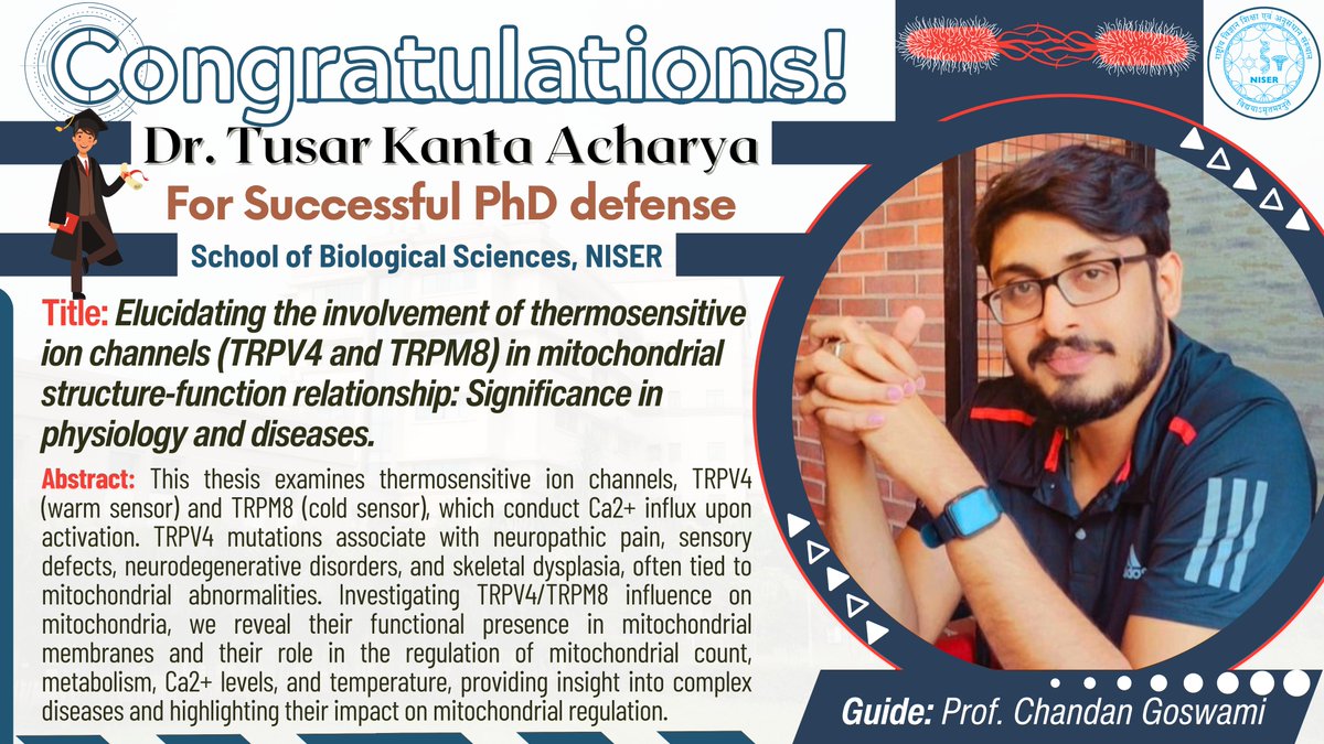 NISER (@niser_official) on Twitter photo Mr. Tusar Kanta Acharya, a researcher at <a href="/SBSNISER/">SBS, NISER</a>, defended his Ph.D. thesis, Elucidating the involvement of thermosensitive ion channels (TRPV4 and TRPM8) in mitochondrial structure-function relationship: Significance in physiology and diseases, guided by Prof. Chandan Goswami. Mr. Tusar Kanta Acharya, a researcher at <a href="/SBSNISER/">SBS, NISER</a>, defended his Ph.D. thesis, Elucidating the involvement of thermosensitive ion channels (TRPV4 and TRPM8) in mitochondrial structure-function relationship: Significance in physiology and diseases, guided by Prof. Chandan Goswami.