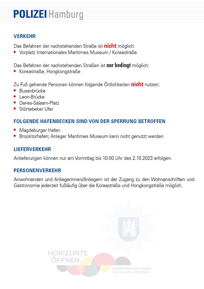 PolizeiHamburg's tweet photo. #tdeHH23
Hier findet ihr die gestern verteilten Informationen zum @tde_hamburg_23  zu den kommenden  Maßnahmen und den damit verbundenen Einschränkungen rund um die #Elbphi. https://t.co/xyDFiwBdW6