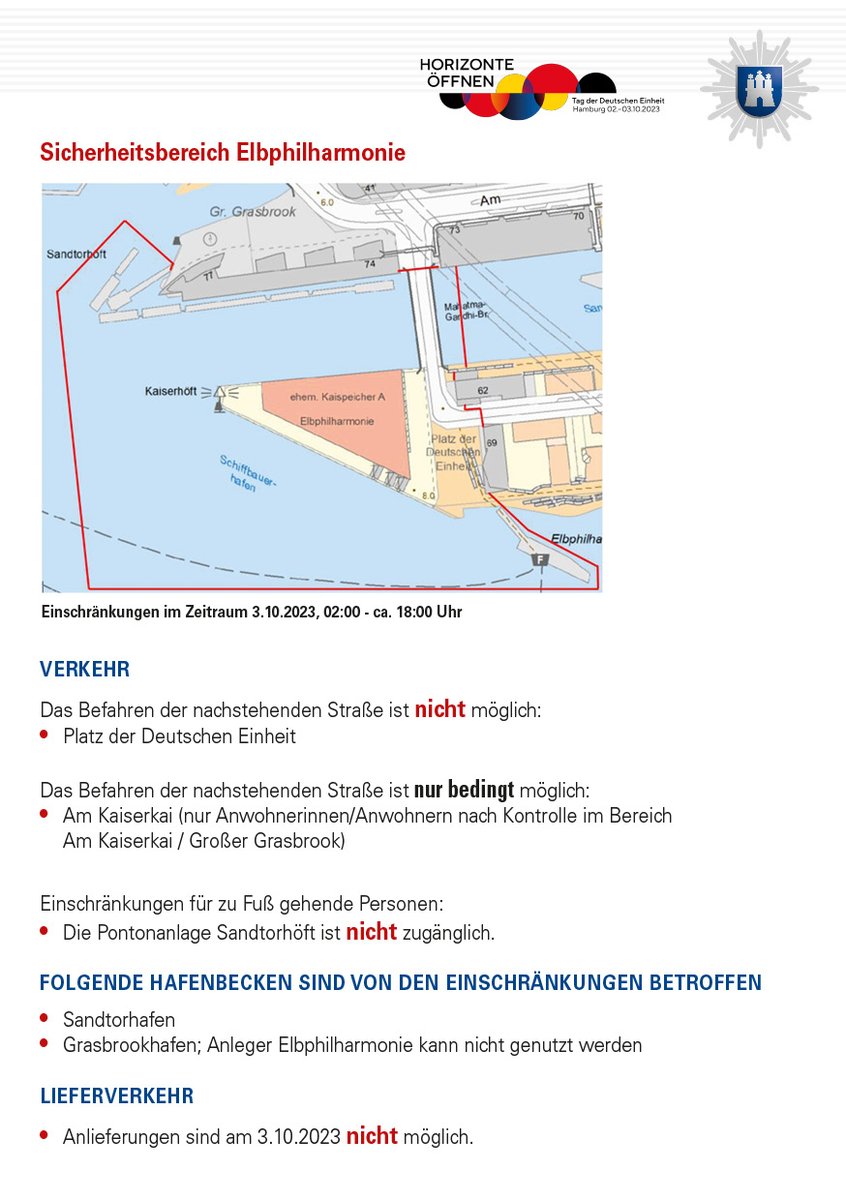 PolizeiHamburg's tweet photo. #tdeHH23
Hier findet ihr die gestern verteilten Informationen zum @tde_hamburg_23  zu den kommenden  Maßnahmen und den damit verbundenen Einschränkungen rund um die #Elbphi. https://t.co/xyDFiwBdW6