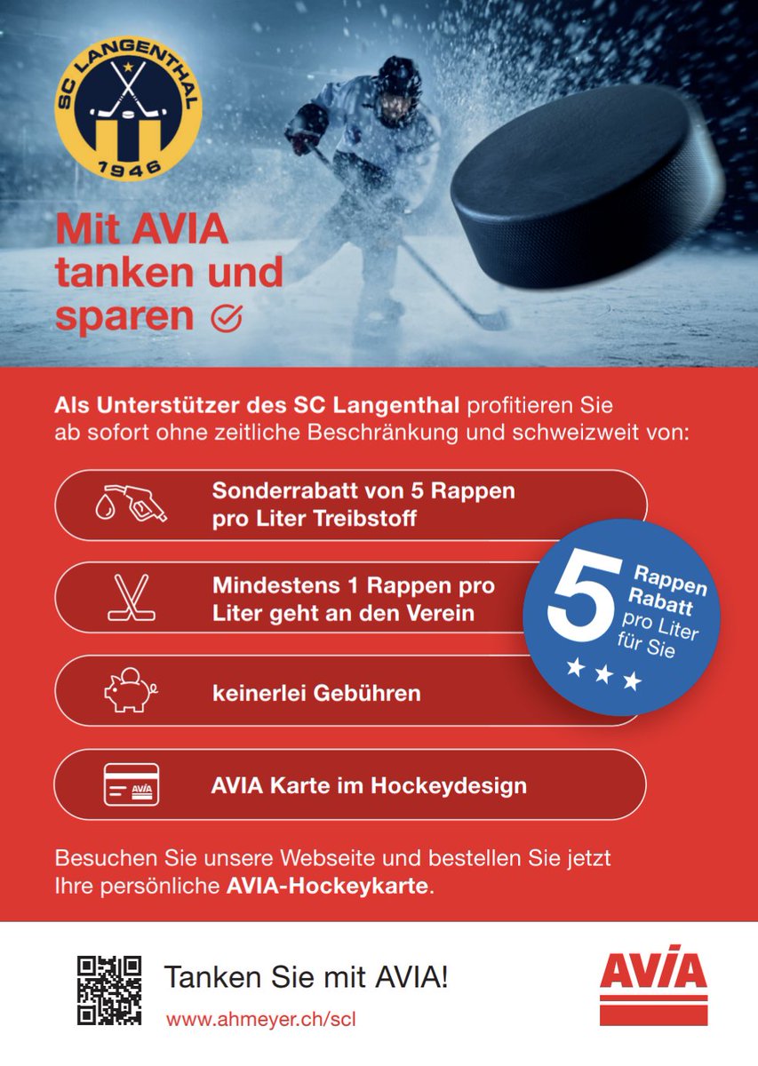 Exklusiver Rabatt für Unterstützter des SC Langenthal - Mit der AVIA Tankkarte bei jeder Tankfüllung sparen und deinen Lieblingsverein unterstützen! 🔥

Wie kriegst auch du eine AVIA-Tankkarte? 
Bestelle deine Karte auf ahmeyer.ch/scl 👈