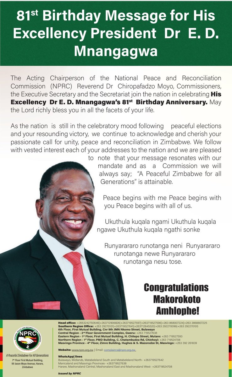 The Commission joins the nation in celebrating His Excellency Dr @edmnangagwa 's 81st Birthday Anniversary.