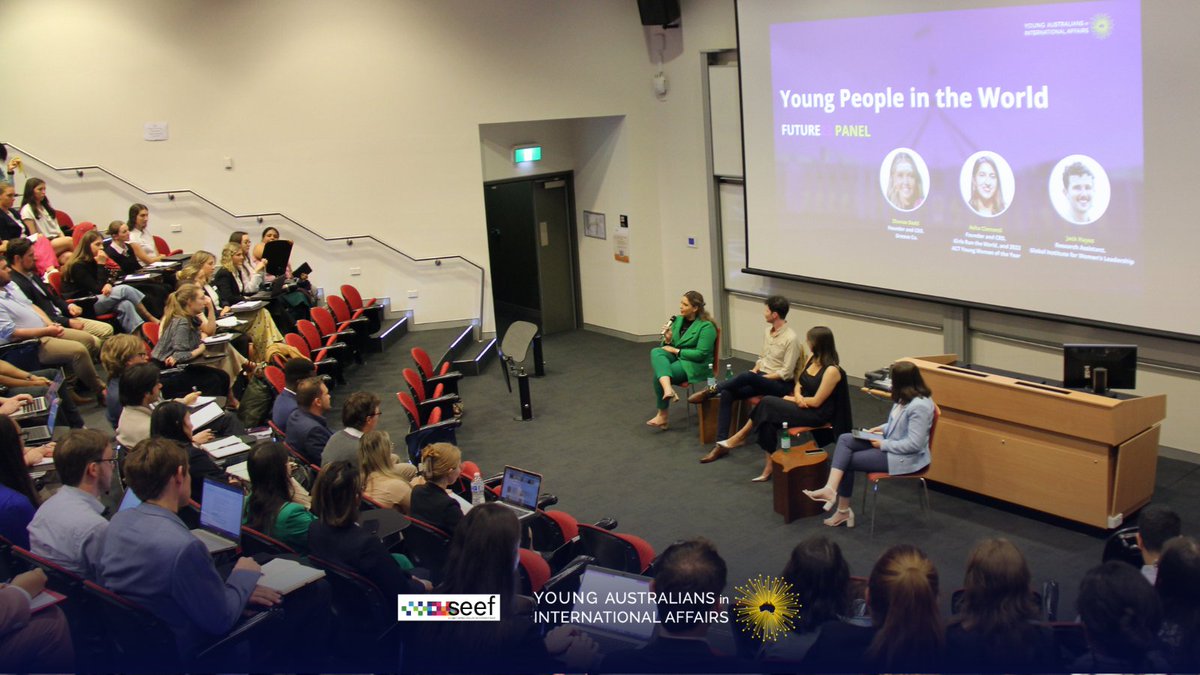 YoungAustIntAff's tweet photo. Thank you @asha_clementi founder of GRTW, @JackkHayes from @GIWLANU and Zhanae Dodd, owner of Groove Co. who shared their perspectives and contributions of βYoung People in the Worldβ of π¦πΊ foreign policy, wrapping up the last panel of our #Future23 National Conference! π₯ https://t.co/1TeIKECfr7