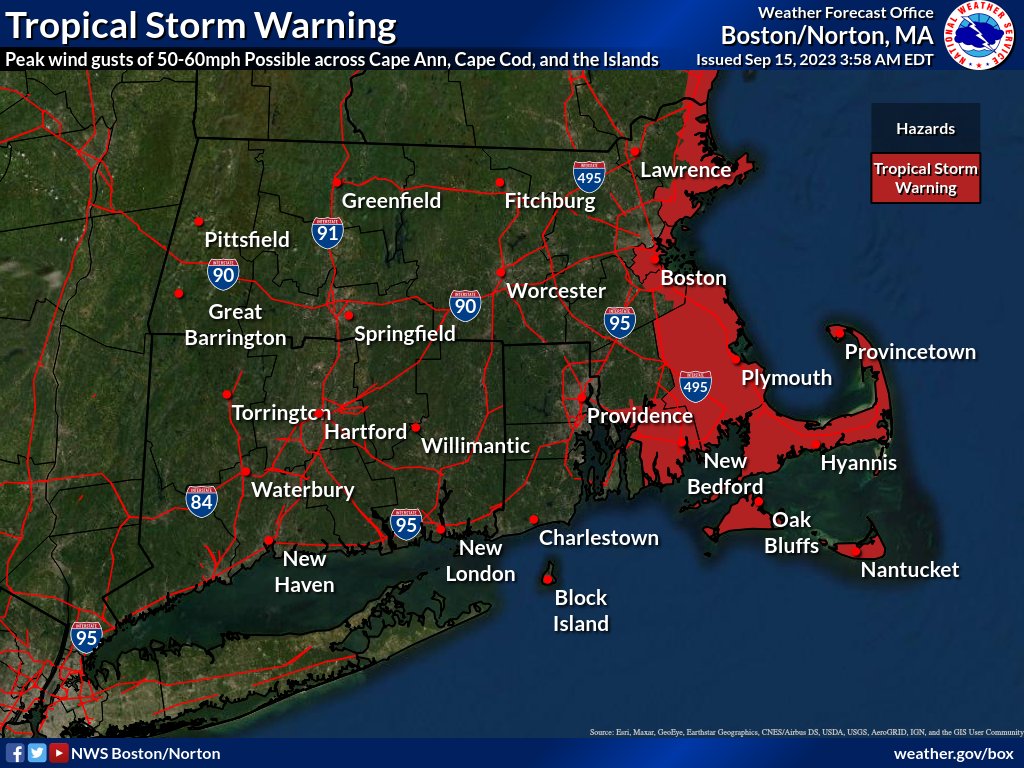 NWSBoston's tweet photo. Hurricane Lee will make a close pass of southern New England tonight and tomorrow. Impacts will be greatest across the Cape and Islands, where wind gusts of 50-60mph are possible Sat AM. Rain will be mainly east of the I-495 corridor. https://t.co/Ji8bsmB1yI