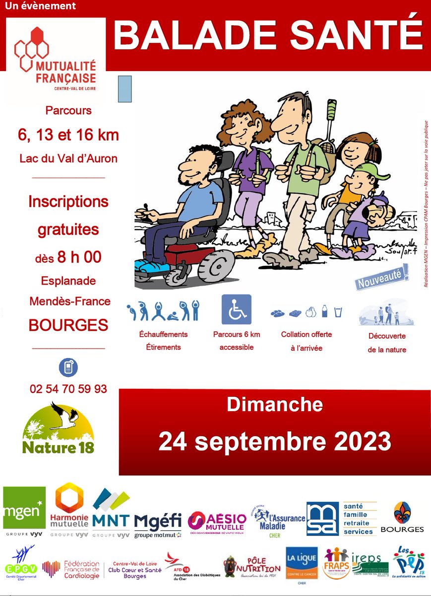 Notre #BaladeSanté🚶🏼‍♀️ annuelle aura lieu le 24 septembre prochain. L'occasion pour ceux qui ne connaissent pas, de vous promener aux abords du lac d’Auron et le long du Canal du Berry à <a href="/VilleDeBourges/">Ville de Bourges - Officiel</a>
👩‍🦼 Le parcours de 6km est toujours accessible aux personnes à mobilité réduite