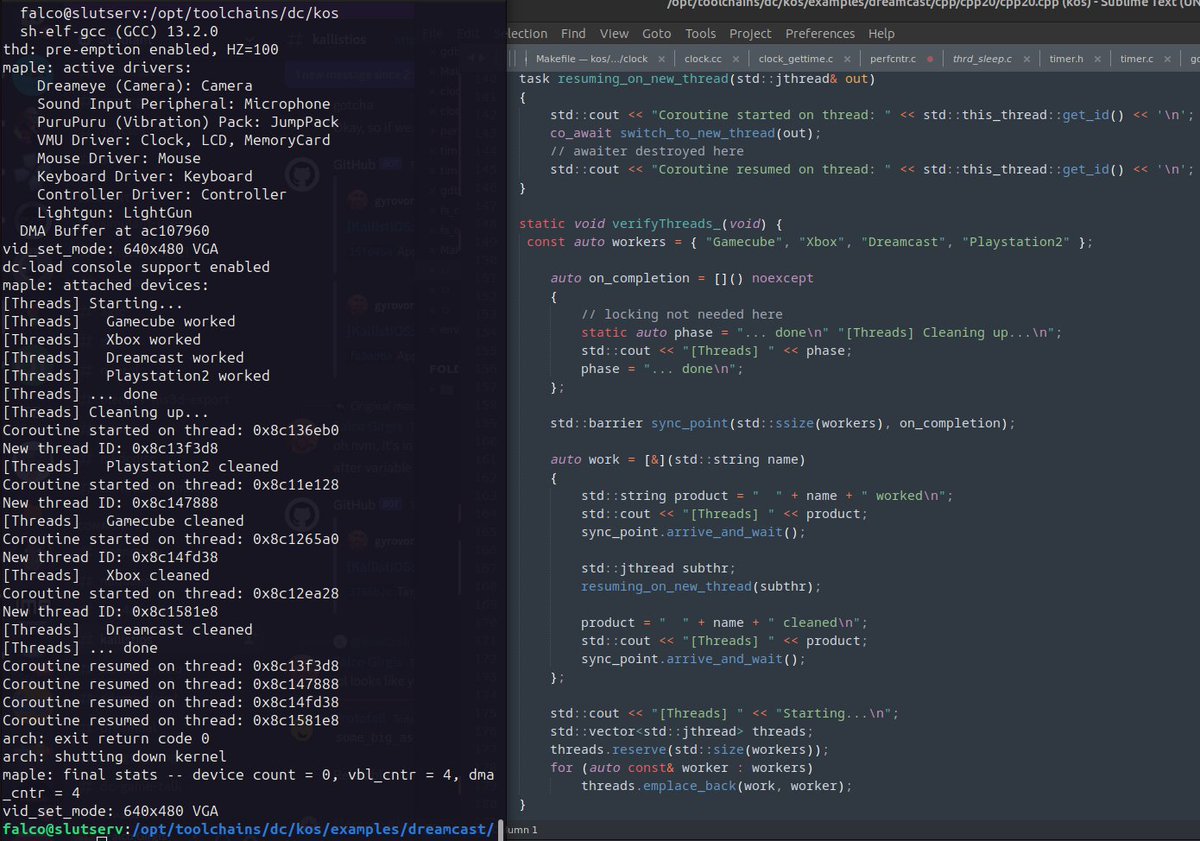 falco_girgis's tweet image. On today&apos;s episode of &quot;Will it run on my Sega #Dreamcast?&quot; We have C++20 concurrency with jthreads, barriers, and coroutines! #cpp23 #retrocomputing