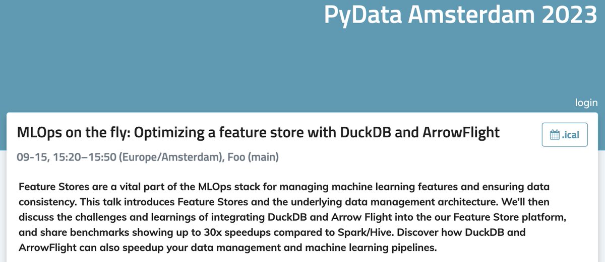 <a href="/kiwipycon/">Kiwi PyCon</a> <a href="/Mause_me/">Elliana May - @Mause@cloudisland.nz</a> <a href="/Thijsbruineman/">Thijs Bruineman</a> <a href="/szarnyasg/">Gabor Szarnyas</a> At 15:20, <a href="/hopsworks/">Hopsworks</a>' Fabio Buso (<a href="/SirOibaf/">Fabio Buso</a>) and <a href="/motherduck/">MotherDuck</a>'s Till Döhmen (<a href="/tdoehmen/">Till Döhmen</a>) will give a talk at <a href="/pydataamsterdam/">PyData Amsterdam</a> titled "MLOps on the fly: Optimizing a feature store with DuckDB and ArrowFlight".
amsterdam2023.pydata.org/cfp/talk/L3WFC…