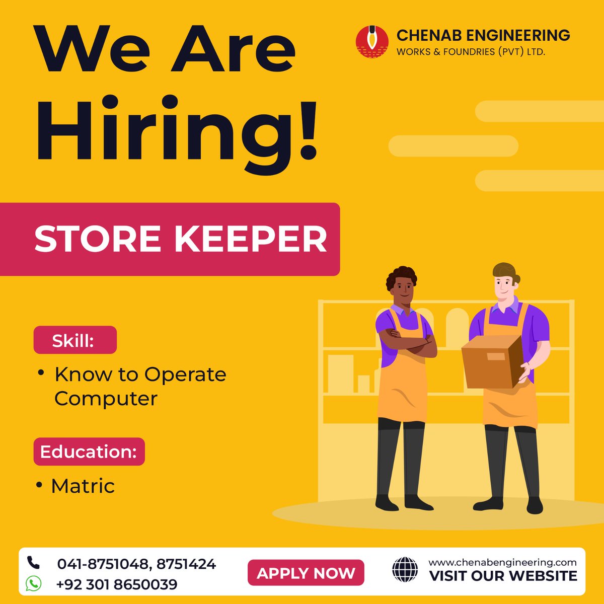 HIRING STOREKEEPER | JOB ALERT
Join our team as a Storekeeper and put your skills to good use. Interested?

Apply Now
.

.
.
#JobAlert #NewJobs #StorekeeperJob #JobOpportunity #StorekeeperHiring #NowHiring #StorekeeperPosition #StoreManagement #ApplyNow #JobsInFaisalabad #Matric