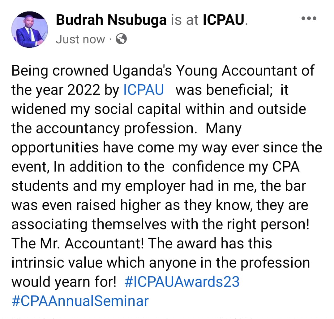 BudalahNsubuga's tweet photo. The award has an intrinsic value which anyone in the profession would be yearning for! #CPAAnnualSeminar @ICPAU1 #ICPAUAwards23 https://t.co/j9mqOWSbfx