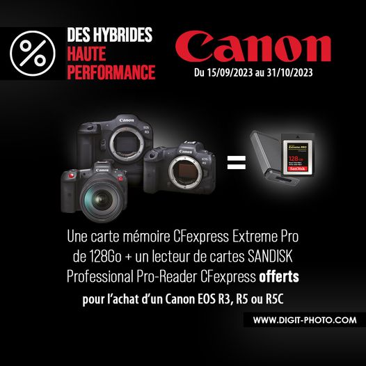 Digit_Photo's tweet photo. CANON : Carte mémoire CFexpress Extreme Pro de 128Go + Lecteur de cartes SANDISK Professional Pro-Reader CFexpress offerts* ! 
Par ici : https://t.co/Ou2fdGTqNs https://t.co/hfqTOfsrWv