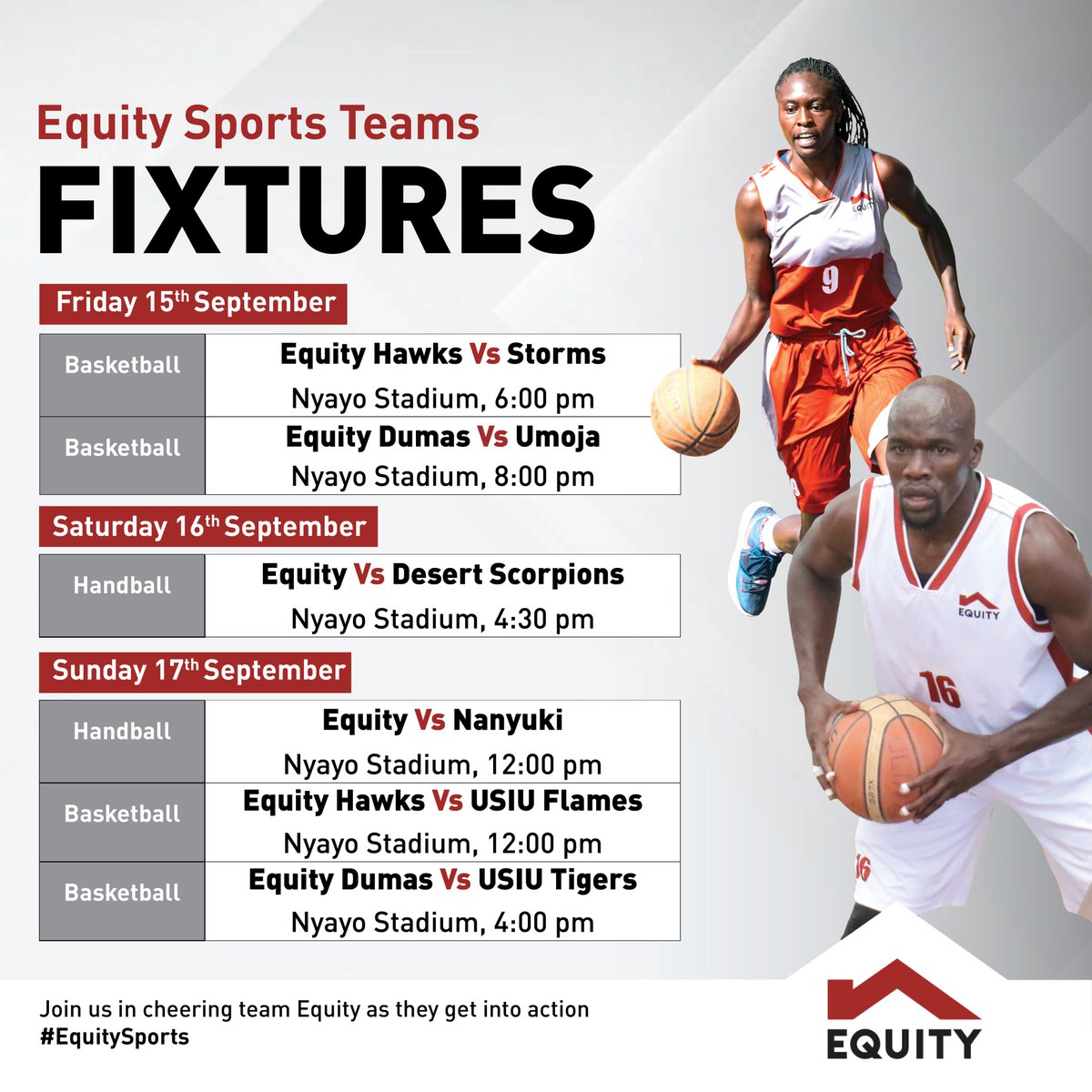 The Equity Basketball and Handball teams will play against various teams this weekend at the Nyayo Stadium. Be part of the action as we cheer the teams on! #EquitySports