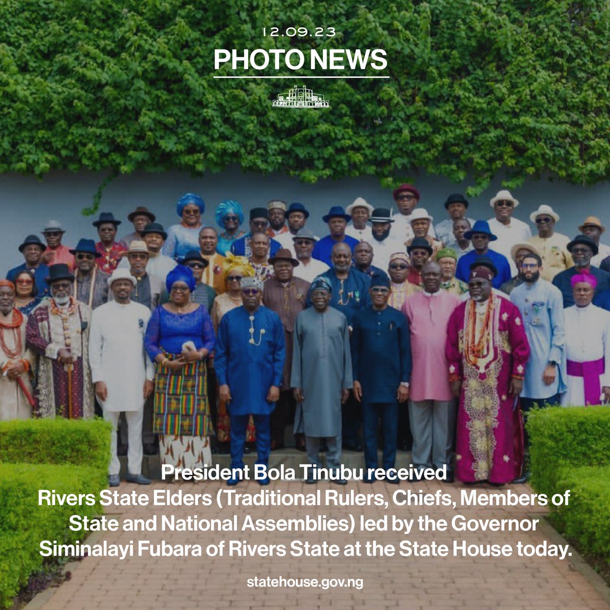 NGRPresident's tweet photo. Photo News: President @OfficialABAT received Rivers State Elders (Traditional Rulers, Chiefs, Members of State and National Assemblies) led by the Governor Siminalayi Fubara of Rivers State at the State House.
#StateHouseNG #PBAT https://t.co/vUyli4wTHX
