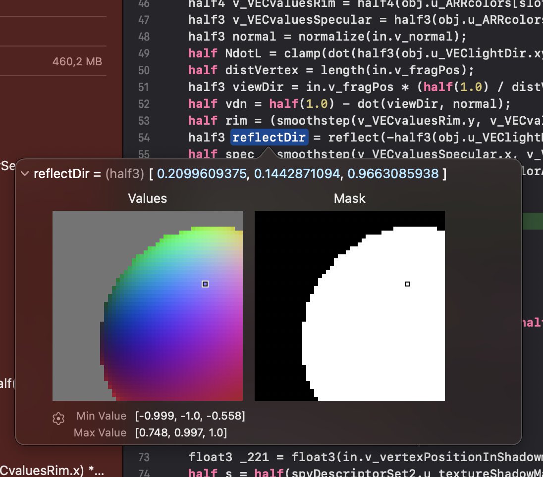 The best feature in Metal debugger. Just hower over any variable and you see a neighborhood with RGB color coded values. Don't need to debug multiple pixels. This debugs a full neighborhood at once. Can also jump to neighbor threads by clicking them in this view.