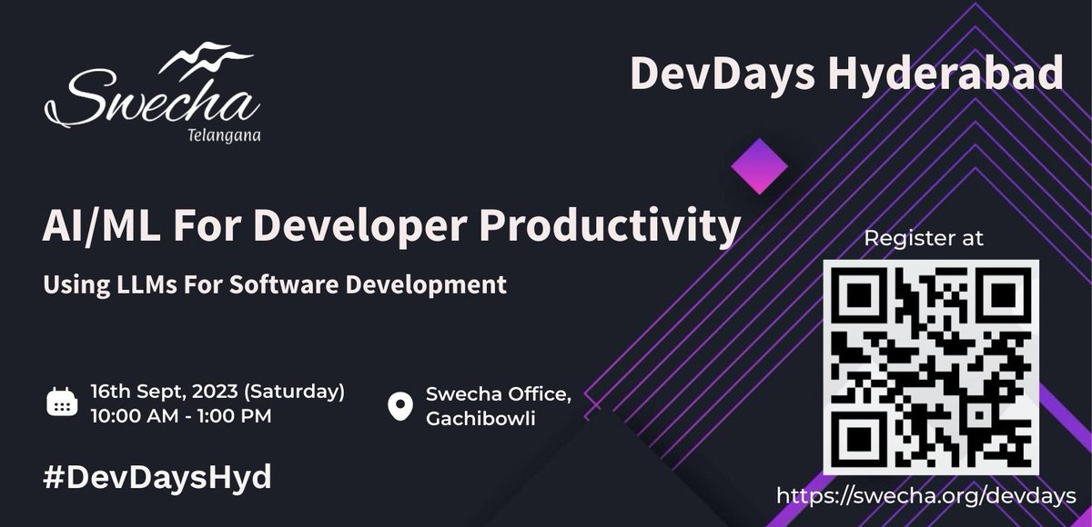 SwechaFSMI's tweet photo. Don't miss out on our upcoming #DevDaysHyd on “AI&ML for Developer #Productivity”. Acquire actionable insights to turbocharge software development with LLMs.
🗓️ 16 Sept (Saturday)
🕒 10am – 1pm
🏢 Swecha Office
Register now: https://t.co/WrbdOghKyL.
#LLMs #Developers #AI https://t.co/6E2CjoKwn0