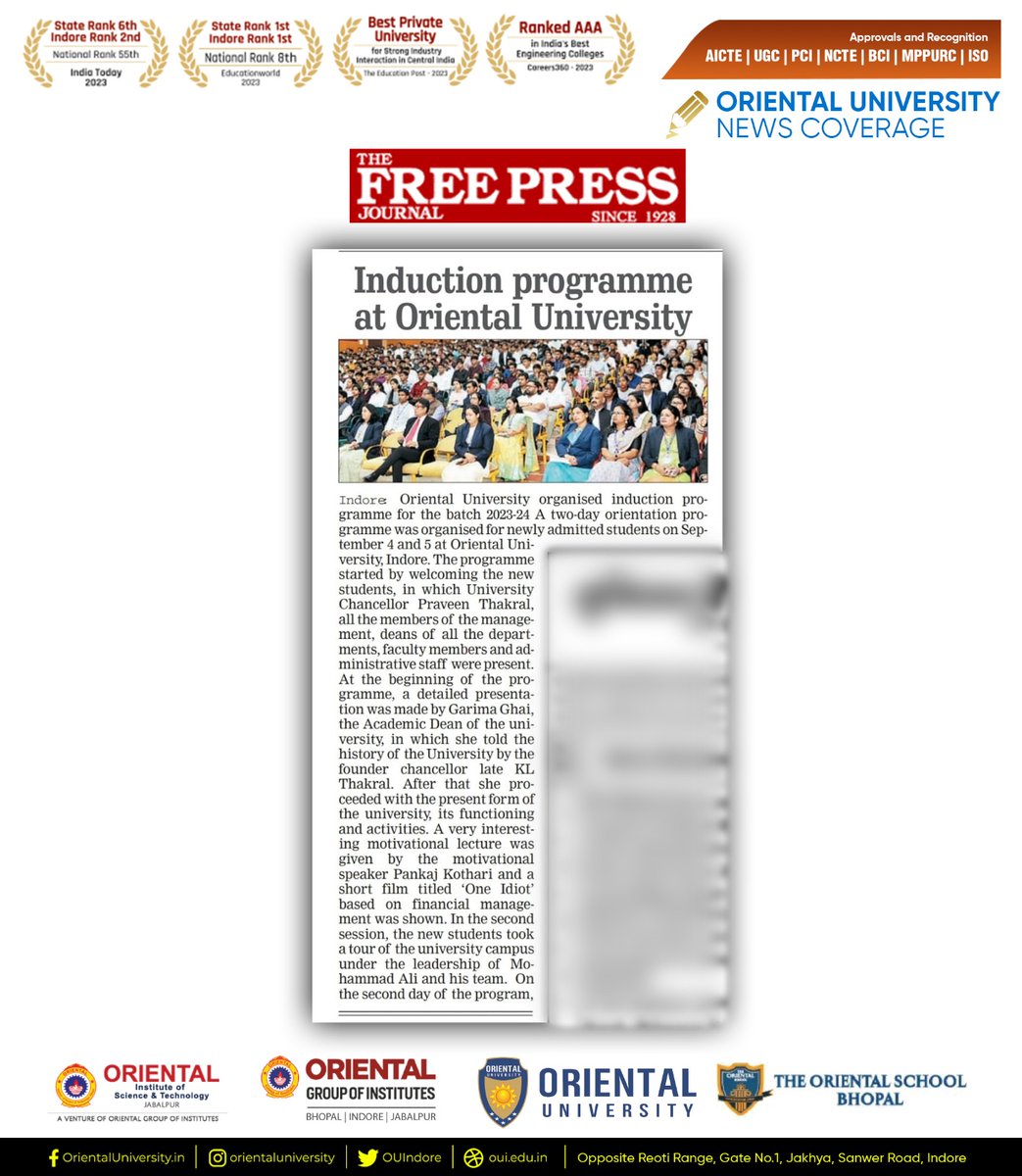 OUIndore's tweet photo. The excitement was palpable on September 4th and 5th as Oriental University rolled out the red carpet for its incoming students. The two-day Induction Program was nothing short of spectacular, and the media was there to capture every moment.
#OrientalUniversity #OUIndore https://t.co/HW65BPsbRY