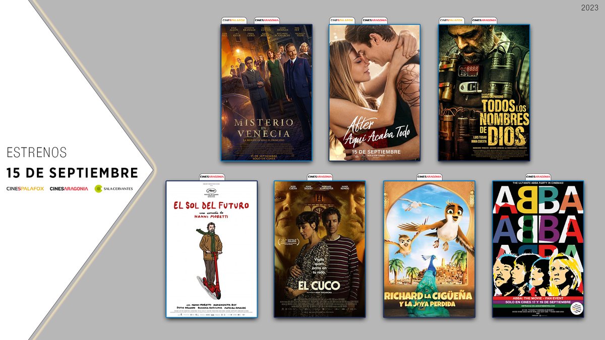 cinespalafox's tweet photo. Nuevas películas os esperan en el cine🎦
Ya en nuestra cartelera: #MisterioEnVenecia, #AfterAquíAcabaTodo, #TodosLosNombresDeDios, #ElSolDelFuturo, #ElCuco, #RichardLaCigüeñaYLaJoyaPerdida y #ABBAFanEvent
Hazte con tus entradas desde https://t.co/tJ4Tky6H23 https://t.co/3khFpO1Qcm