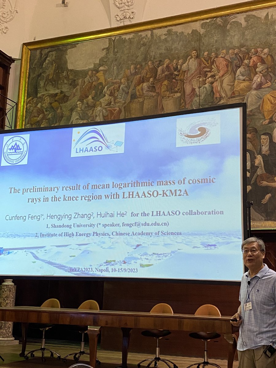 tevpa2023's tweet photo. Cunfeng Feng on “The preliminary measurement of mean logarithmic mass of cosmic rays in the knee region with muon contents by LHA” 

#TeVPA23 https://t.co/9KZOBtH6yV
