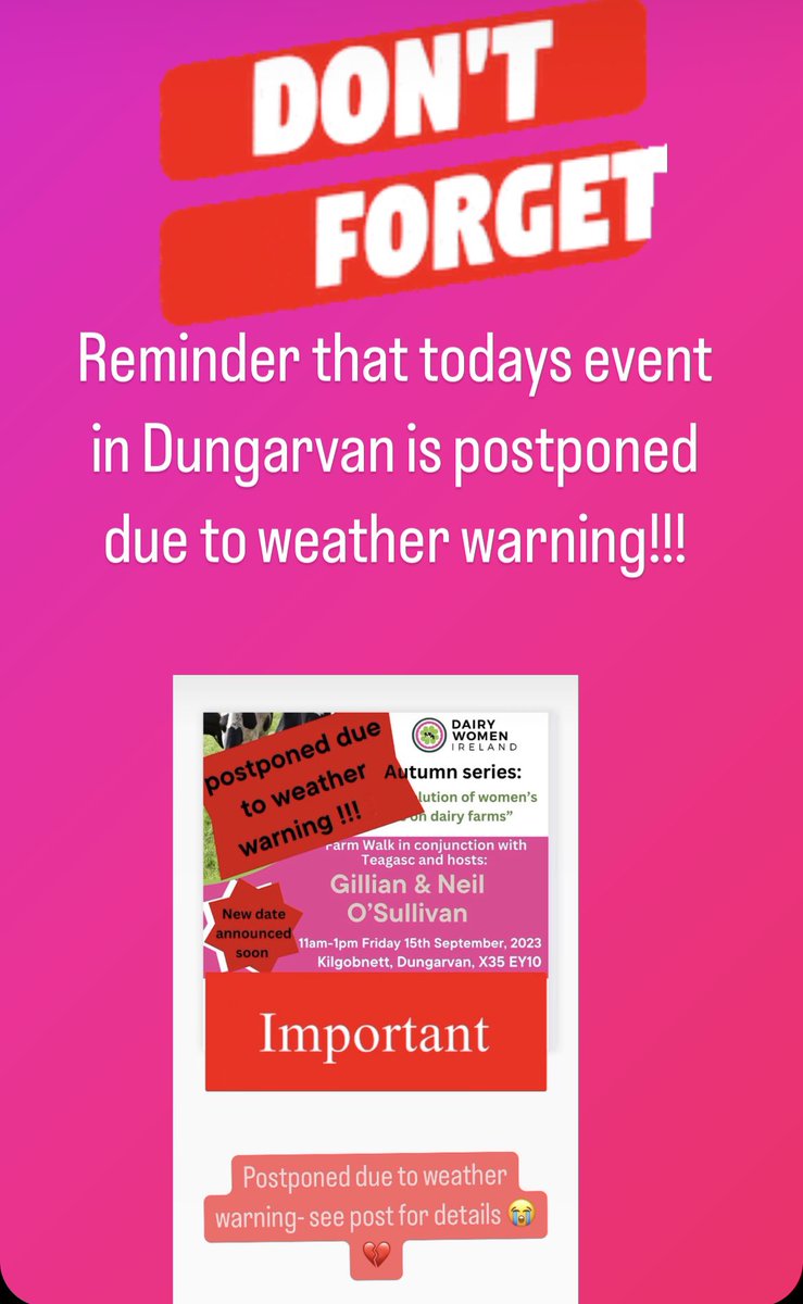 Reminder that today’s event is postponed due to the weather warning in place in Co. Waterford