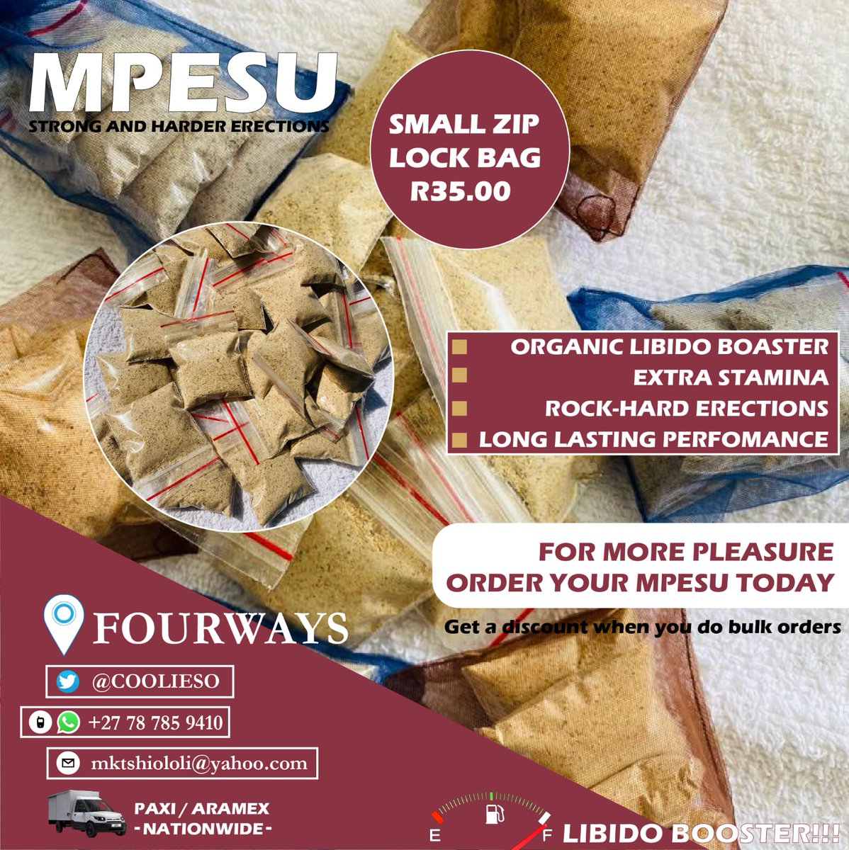AHT_YssY's tweet photo. This is the right time to boast that Libido, the natural way ๐ฏ
Mpesu today ๐
R35 a sachet
DM @coolieso
0787859410 call/wApp
๐Paxi/Aramex
Julia MaWhoo Nasty C | Lerato Mvelase Home Affairs EFFSC Khanyi Mbau Shoprite Eskom SA Hip Hop SASSA #Solomon #EskomMustFall https://t.co/naTP1xoEHj