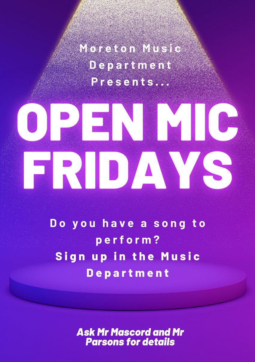 🎶🎶Join us today in the Music Department for the first of our weekly "Open Mic Sessions". Sign up sheet is in the Music Room and if you're lucky there might be some special guest teacher performances along the way. 🎶🎶

Staging area
Music
Friday Lunch times