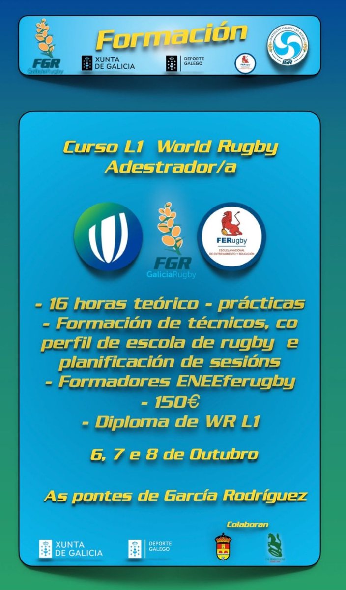 🚨 Ultimas prazas 🚨 

👉🏻 Prazo 26 de setembro

📝 A orde será por entrada do xustificante de pago 
📭secretaria@rugby.gal

👉Curso <a href="/WorldRugby/">World Rugby</a>  L1

🏉 Adestrador/a

📆 6,7 e 8 de Outubro 

🧑‍🏫 #IGRugby - <a href="/ENEEferugby/">Escuela Nacional de Entrenamiento y Educación FER</a> 

🔗  docs.google.com/forms/d/e/1FAI…

📍<a href="/AsPontes/">AsPontes</a>  e <a href="/fendetestasrugb/">Fendetestas Rugby</a>