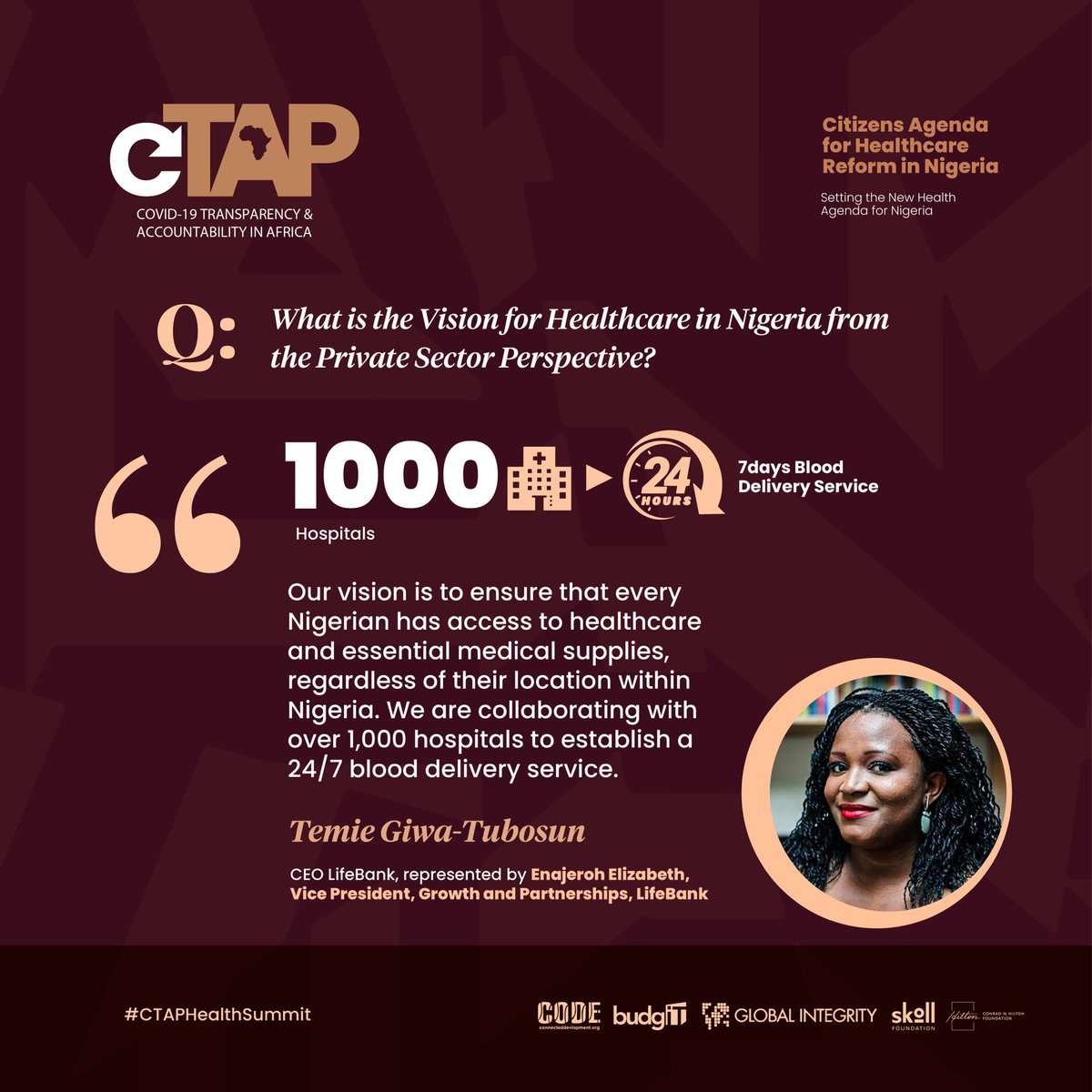 BudgITng's tweet photo. From the Private Sector Perspective, @LifeBankCares envisions a Nigeria with healthcare access for every Nigerian through collaboration with hospitals for 24/7 blood delivery and ensuring no one loses their life due to medical resource shortages. #CTAPHealthSummit https://t.co/m22zWycnya