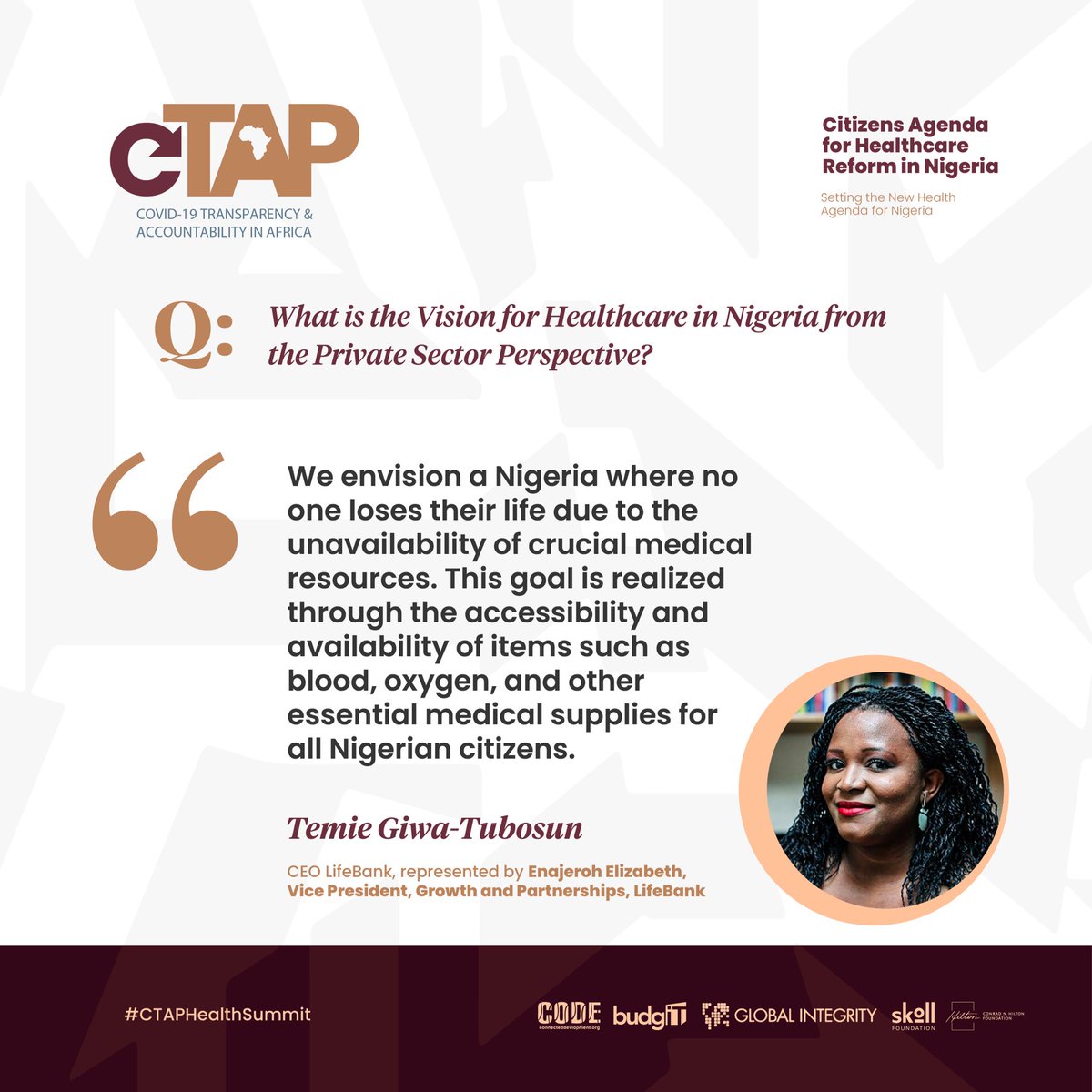 BudgITng's tweet photo. From the Private Sector Perspective, @LifeBankCares envisions a Nigeria with healthcare access for every Nigerian through collaboration with hospitals for 24/7 blood delivery and ensuring no one loses their life due to medical resource shortages. #CTAPHealthSummit https://t.co/m22zWycnya
