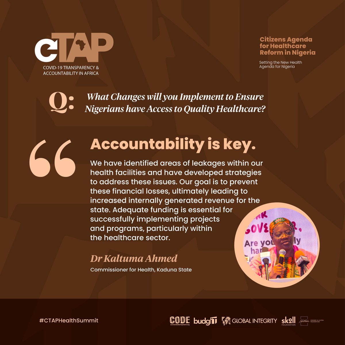 BudgITng's tweet photo. @UmmaKAhmed, Commissioner for Health, @KadunaMOH, discusses improving healthcare quality and access through ownership, accountability, and participation, identifying and addressing financial leaks, and concentrating on funding for successful projects. #CTAPHealthSummit https://t.co/XrXXx5l1FN