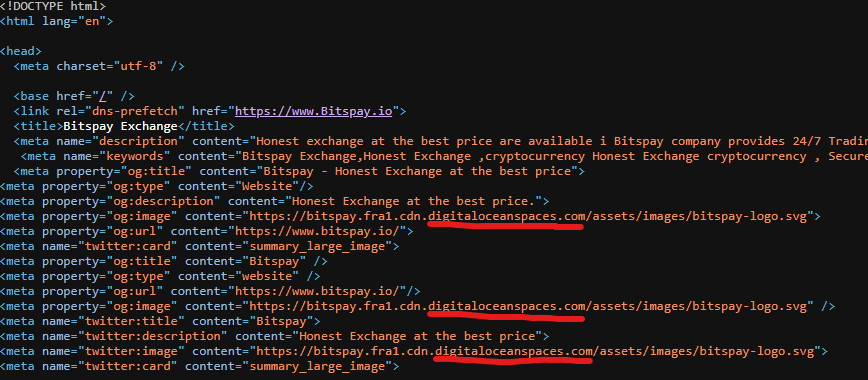 ParrotCapital's tweet photo. @DesoGames @Cryptadamist 🚩 I pulled the page source for the #Bitspay scam and found that @digitalocean is hosting this fraud, as well as @CloudflareHelp @cloudflare for being their CDN.

🚩 I submitted an Abuse Report to their SOC team and another Abuse Report to @Namecheap for registering their domain. https://t.co/pgxabDr3yt