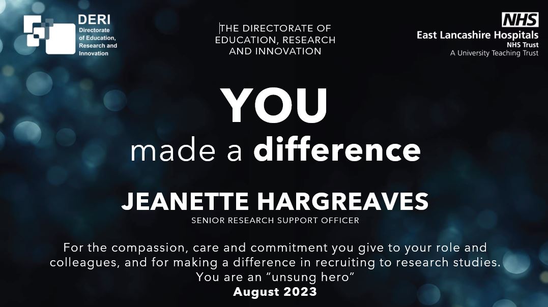 ELHT_DERI's tweet photo. Congratulations to DERI's August winner of the #youmadeadifference award (Research and Innovation) for
"The compassion, care and commitment you give to your role and colleagues, and for making a difference in recruiting to research studies. You are an βunsung heroβ https://t.co/0j38y4GBtI