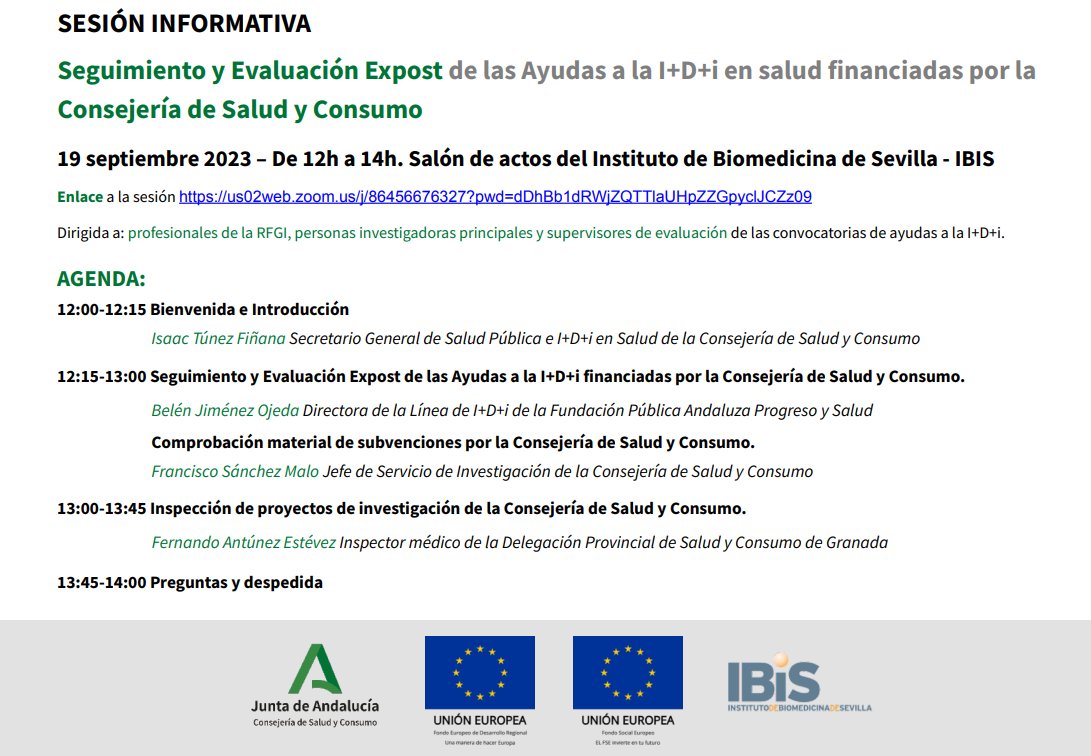 FProgresoysalud's tweet photo. 🗓️ El @ibis_sevilla acoge el próximo martes 19 la Sesión informativa "Seguimiento y Evaluación Expost de las Ayudas a la I+D+i en #Salud financiadas por @saludand"
🧑🏽💻 También podrás seguir la jornada en directo desde el siguiente enlace: https://t.co/5VnhKG1e4V https://t.co/SSfrDeyGTi