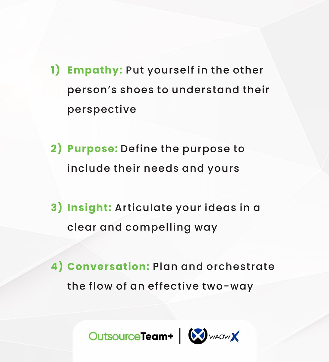 Staying on the subject of communication, here are FOUR essential steps to the epic way of communication. #waowxinnovations
#digitalmarketingexpert #abujadigitalmarketing #advertisingcompany