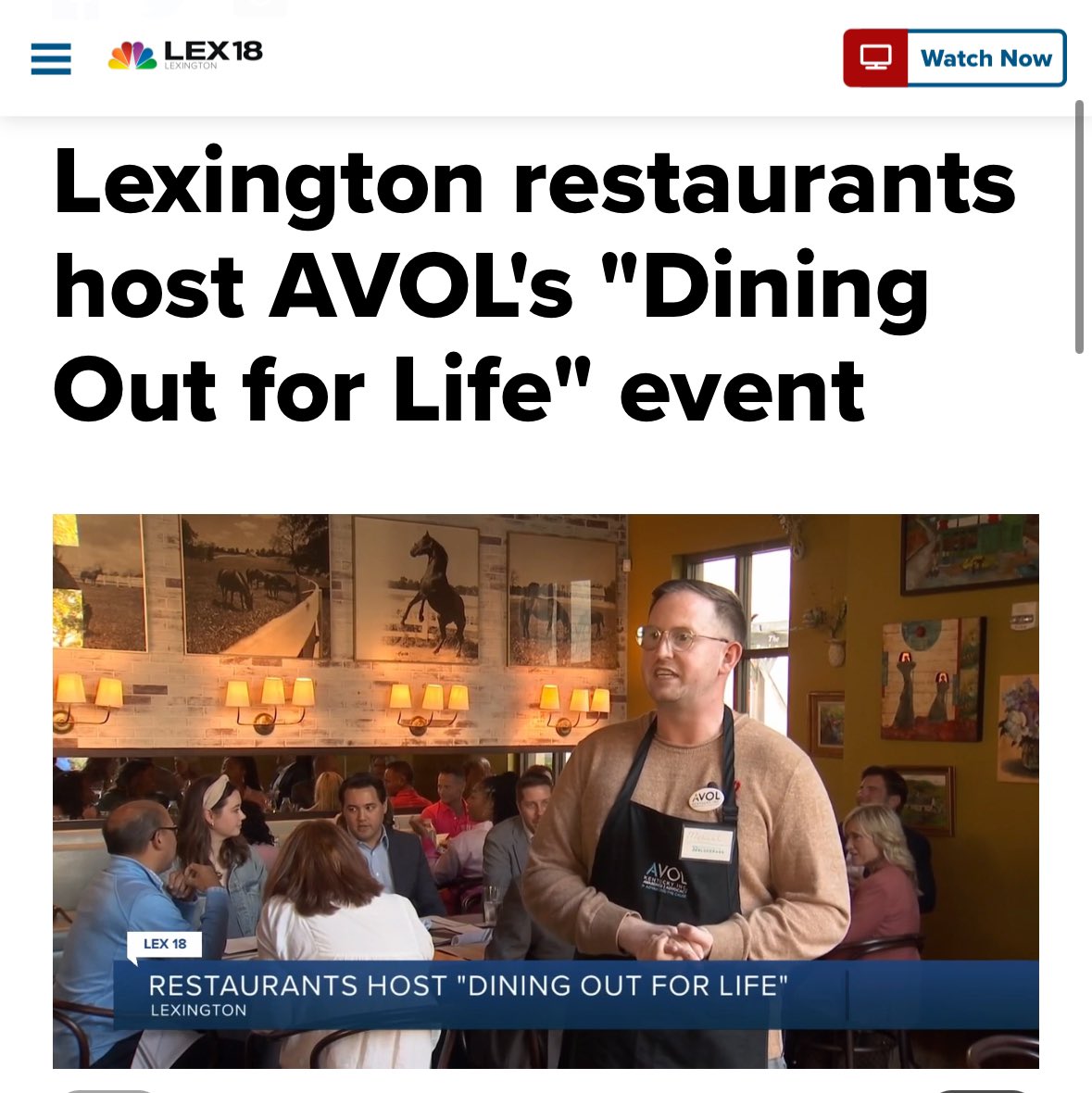Mr_FrazierKY's tweet photo. Thanks so much to @SeanMoodyNews for covering our fabulous dinner party, #AVOLKY's #DineOutLex 

"We're hosting a dinner party. No one has to cook. No one has to do dishes. I'm not cooking, so you know it's good food!" said Michael Frazier, a volunteer and ambassador for @AVOLKY.

Honeywood here in The Summit is one of more than 50 restaurants across Lexington participating in AVOL's Dining Out for Life. These restaurants donate at least 25% of sales today to AVOL, whose mission is to #endHIV.

https://t.co/GXiZLpFUZA