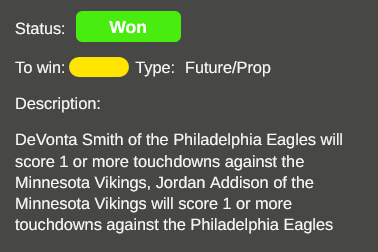 halilsfbtalk's tweet photo. Another 2-0 primetime game for me! 💰
Jordan Addison 40+ rec yds (-115) ✅
DeVonta Smith 62+ rec yds (-115) ✅
Plus, I cashed this SGP with both of them scoring at +725! 🤑
#NFL #TNF #MINvsPHI #NFLWeekTwo #SKOL #FlyEaglesFly #SportsBetting #NFLProps #NFLTwitter https://t.co/xnn1xF0m1g