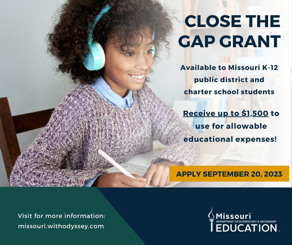 Missouri parents, if you have a K-12 public school district or charter school student, you're eligible to receive a grant of up to $1,500 to use towards allowable educational products/services. Applications open this week on 9/20!

Apply &amp; learn more -> missouri.withodyssey.com.
