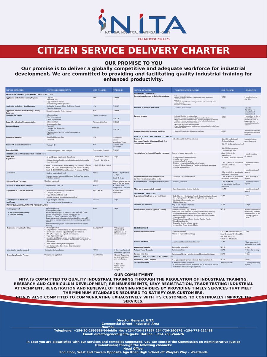 nita_kenya's tweet photo. Committed to Excellence: Our Citizen Service Charter outlines our dedication to providing you with transparent, efficient, and quality services.
#excellentservicedelivery
#skillsdevelopment https://t.co/aLEW3x2SEQ