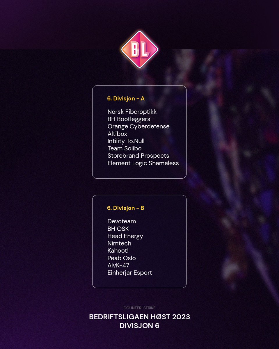 Divisjonene i Bedriftsligaen CS:GO er klare! Les mer om hvordan vi plasserer både nye og eksisterende lag for å gjøre en dynamisk liga med enormt sprang i nivå, så competitvt som mulig!

masterblasterhq.notion.site/Divisjonene-er…