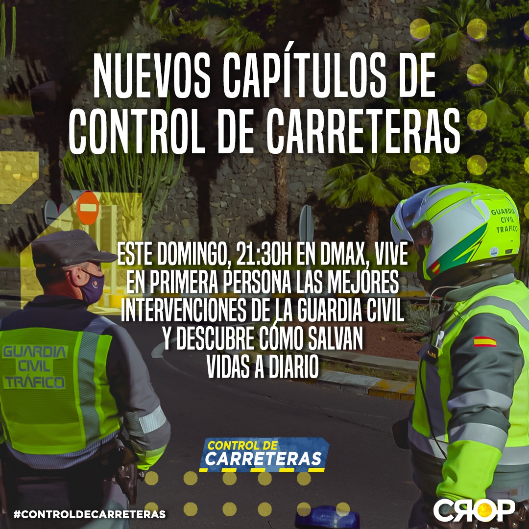 guardiacivil's tweet photo. 🆕 Este domingo, a las 21:30, nuevos capítulos de #ControlDeCarreteras en @DMAX_es.
📺 Descubre la labor de la @guardiacivil de #Tráfico frente a imprudencias al volante, distracciones y situaciones con vidas en juego.
🍿 ¡No te lo pierdas!
#SeguridadVial #RecaudandoVidas https://t.co/aGQTS065Bs