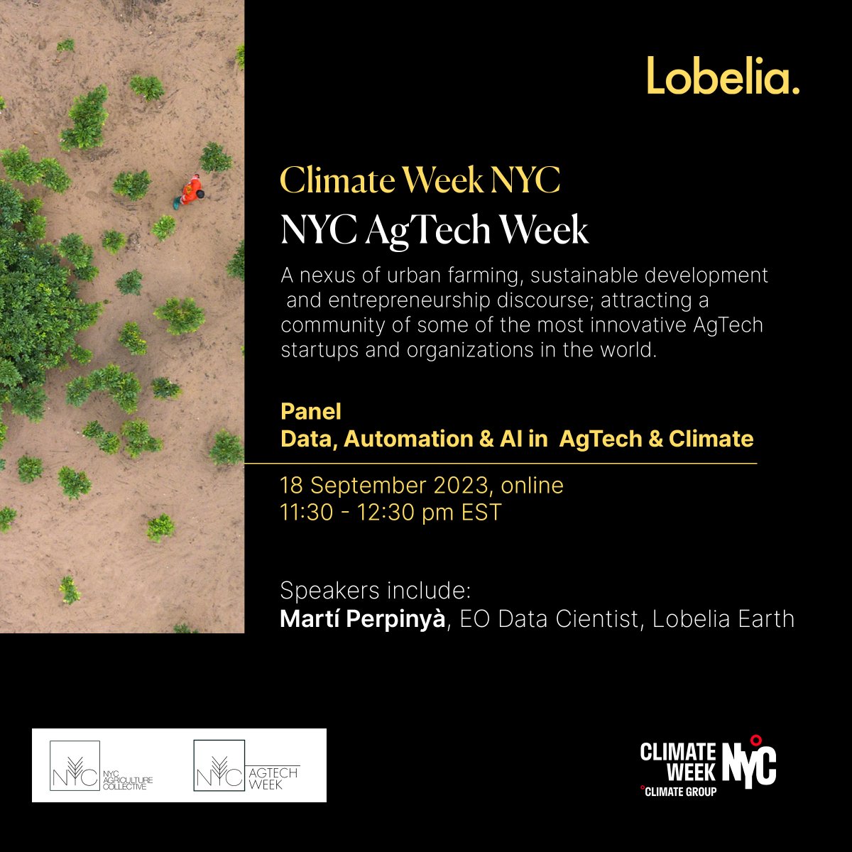 📅 18/09 : Join Martí Perpinyà at #AgTech #ClimateWeekNYC organised by @nycagcollective Martí will dive into discussions on how #Climate data, Satellite data, and #AI are reshaping Agriculture and Ecosystems monitoring 💻 Online & free Register here 👉 bit.ly/3ELUGdf