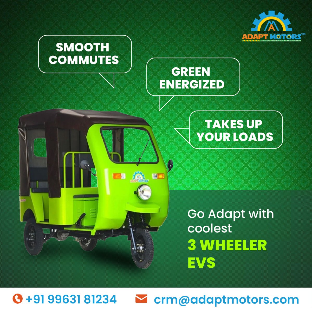adaptmotors's tweet photo. Smooth Commutes
Green Energized
Takes up your loads
Go Adapt with coolest 3 Wheeler EVs
Call - +91 9963181234
crm@adaptmotors.com

#evcharging #sustainability #electrical
#zeroemission #threewheeler #trikes #trikers #3wheeler #ev #evfuture #electricvehicle #ev #electriccar https://t.co/vzXeXGKxp0