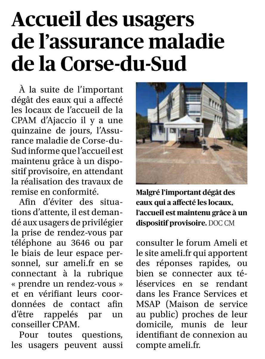 ℹ️Accueil provisoire pour les assurés de la #CPAM de Corse Du Sud. @cpam_2a