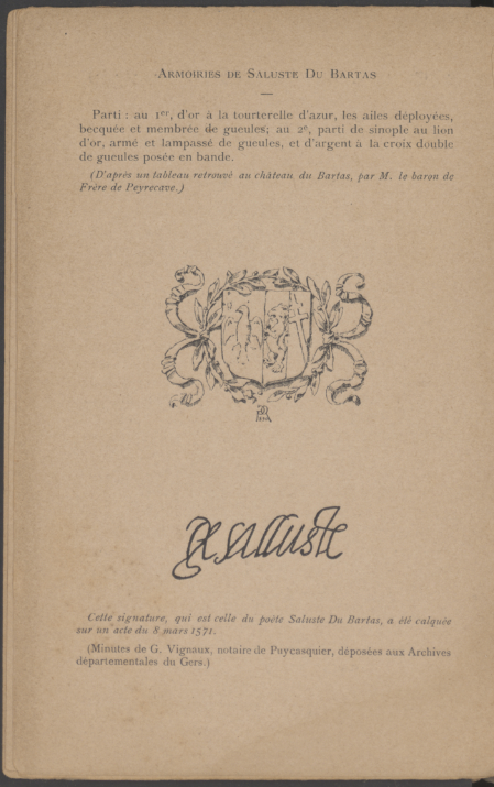 DebrayEve's tweet photo. Pour #LesArmoiriesDuVendredi, #Tolosana vous propose de découvrir une reproduction de la signature et des armoiries de Saluste du Bartas qui se trouve à la fin de ce "Choix de poésies françaises et gasconnes" : https://t.co/qklJ26G4Qp
#Patrimoine #BibNum #Toulouse #occitan https://t.co/qTm9SY7GJY